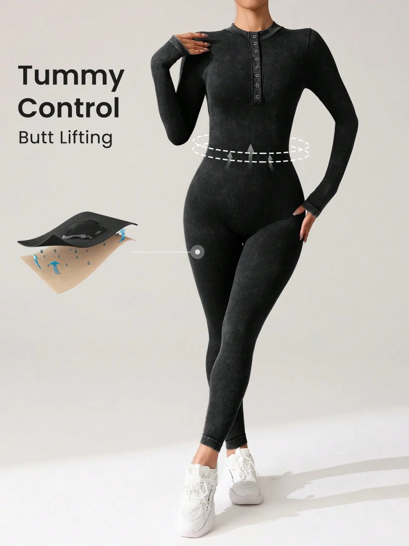 Plus Size Seamless Yoga Jumpsuit, Washable Half-Open Button Long Sleeve, Tummy Control Butt Lifting, One-Piece Sports Wear