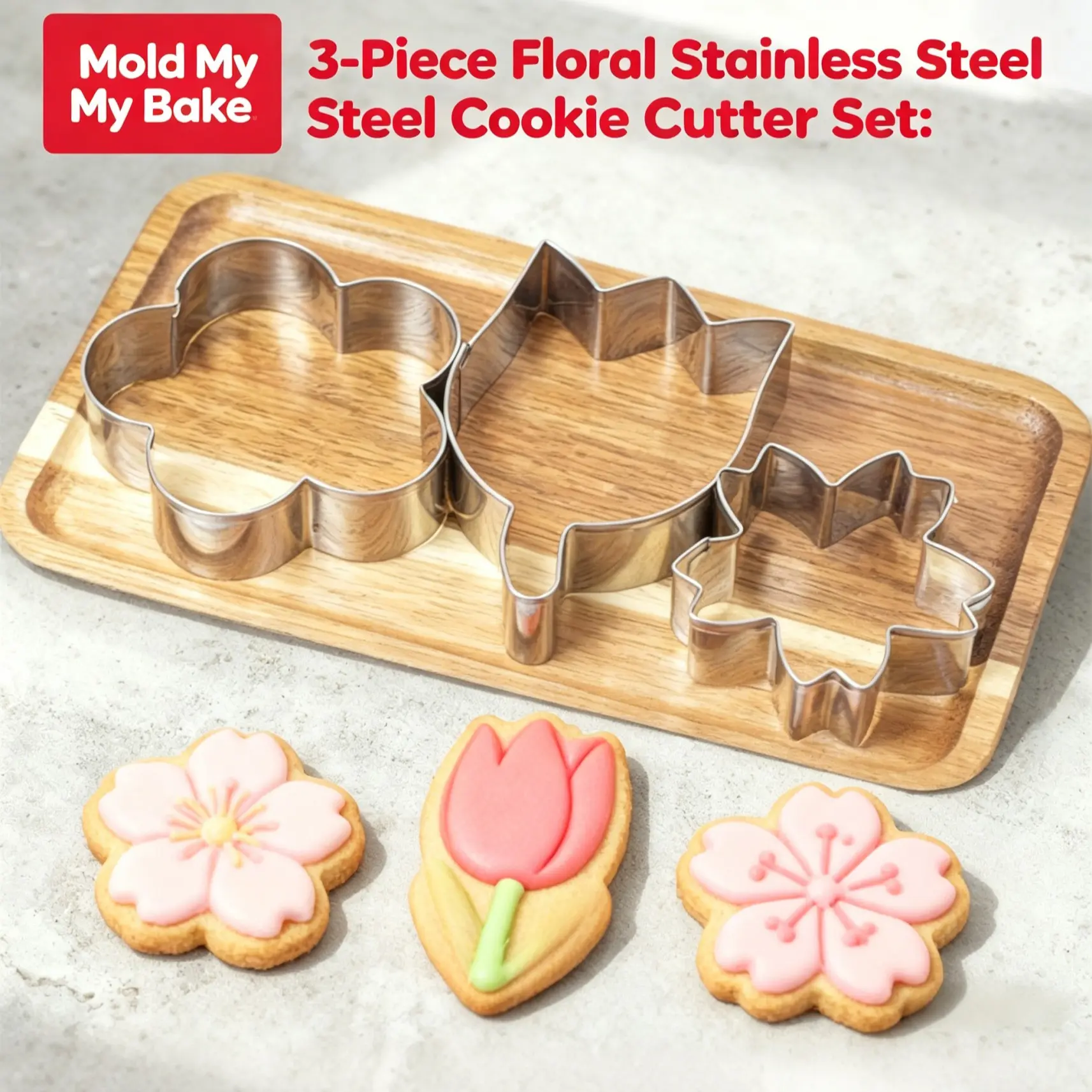 3-Piece Floral Spring Summer Cookie Cutter Set, Tulip Peach Cherry Blossom, Stainless Steel, Ideal for Baking Gifts, Crafts, Soap Making
