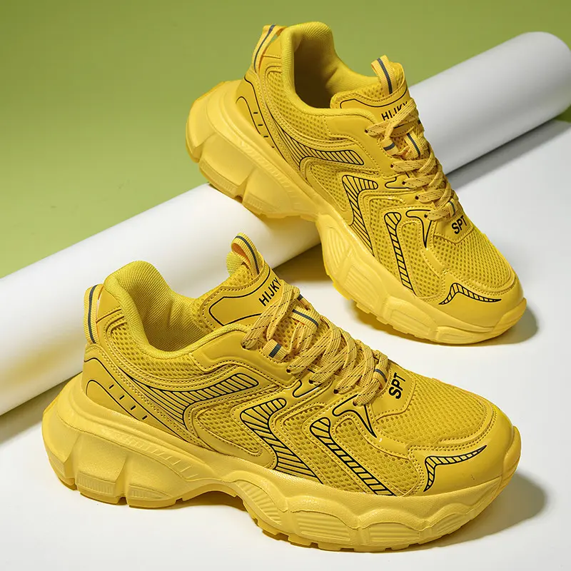 GGOR Men's Male Bright Yellow Solid Platform Low-Top Lace-Up Sneakers - Height Boost, Retro Athletic Round Toe, Comfortable, Universal for Hiking Casual, Summer Daily Outdoor Use, Lace-Up Closure, Outdoor Wear, Pu Upper, Retro Round Toe, Vintage Preppy