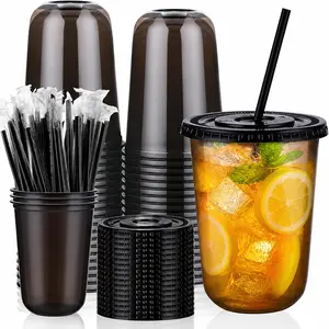 🥤50 Set 16oz Plastic Cups with Lids and Straws, Disposable Iced Coffee Cups for Cold Drinks, Smoothies, Slushies, Lemonade & Party