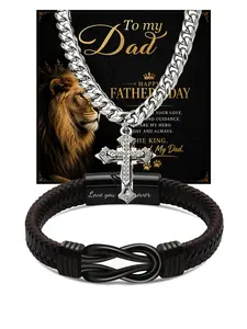 To My Father Gift Set: Brown braided leather infinity bracelet (engraved "Love You Forever") + Cuban link cross necklace. Stylish Korean-style jewelry for dad, husband, boyfriend, symbolizing unbreakable love. Perfect Father’s Day/keepsake gift.