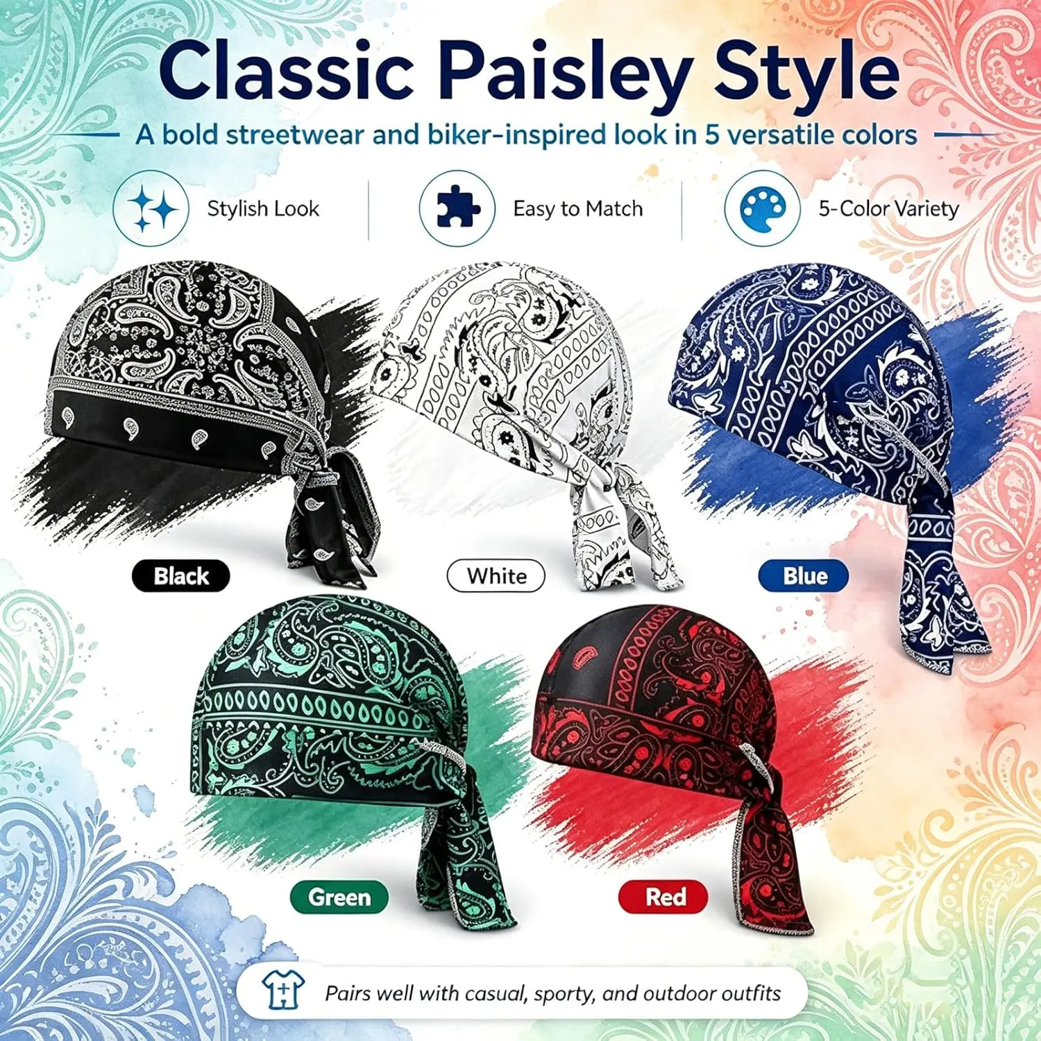 5Pack Paisley Cooling Headscarf Cap Set, Motorcycle Bandanas for Men,Set Bandana Beanie, Breathable, Adjustable Straps Multi