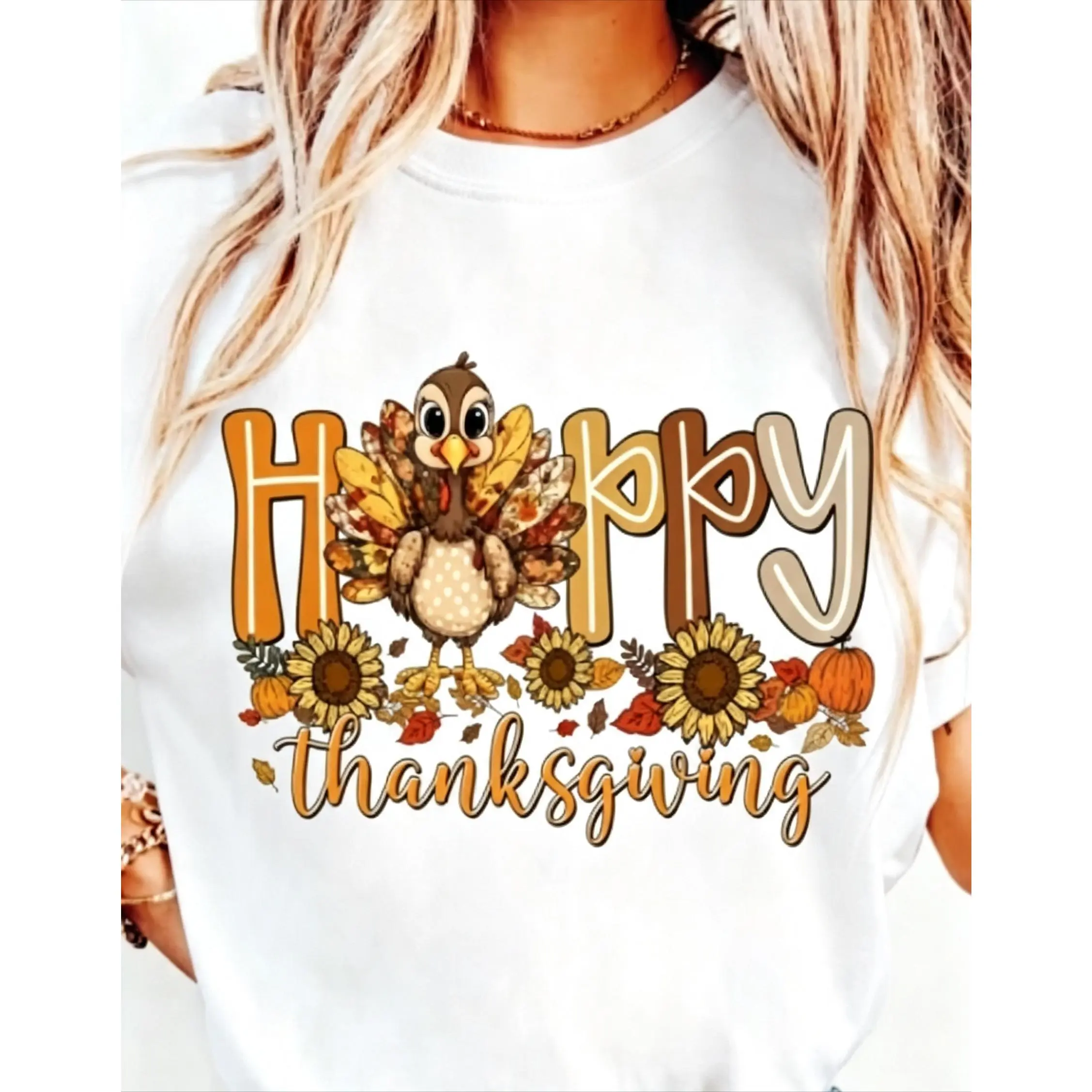 Women's Thanksgiving T - Shirt - Happy Turkey Day Short Sleeve Top - 100% Cotton with Turkey & Autumn Leaves Print, Oversized Casual Round Neck , Breathable  Shirt for Fall Parties, Spring/Summer Wear