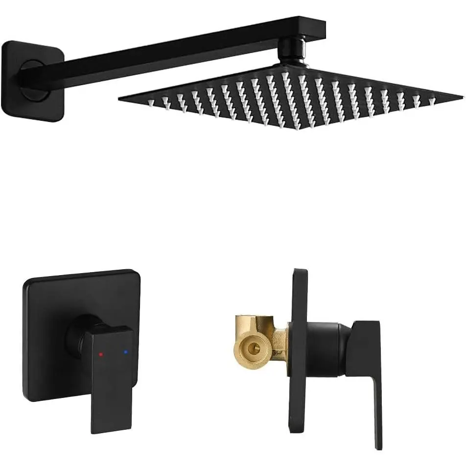 Matte Black Shower Faucet Set, Single Function Shower Trim Kit with Rough-in Valve, Square Rain Shower  System Included Extra Long Shower Arm for Bathroom