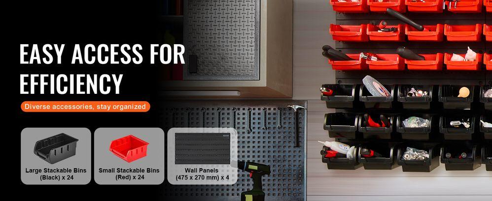 Wall Mounted Storage Bins, 48-Bin Parts Rack Organizer Garage Plastic Shop Tool with Wall Panels, Tool Organizer for Nuts, Bolts, Screws, Nails, Beads, Buttons, Other Small Parts, Black and Red