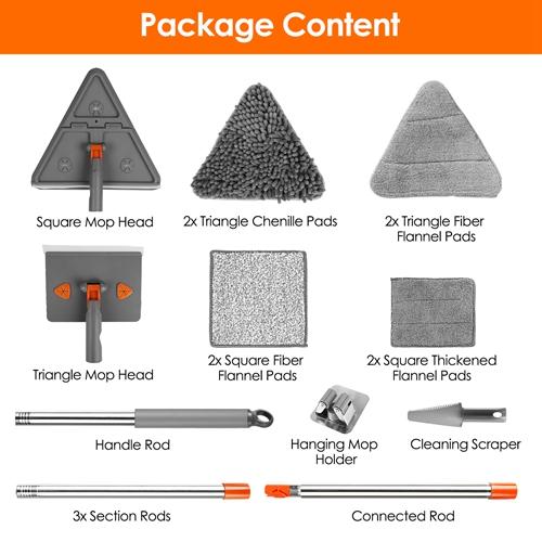 2 In 1 Baseboard Cleaner Mop Wall Cleaner Mop With Squeegee Extendable Long Handle 8 Reusable Fiber Flannel Chenille Mop Pads 360 °   Rotatable Convex Design-5161