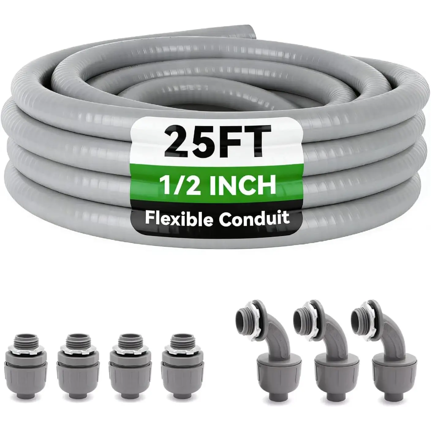 25 Ft Liquid-Tight Conduit and Connector Kit for Conduits Wires - 1/2 in Flexible Non-Metallic Electrical Flexible Hose, Includes Fittings (4 Straight, 3 Angle), Straight/Angle