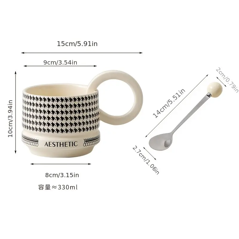 Retro Houndstooth Pedestal Ceramic Coffee Mug Microwave Dishwasher Safe Aesthetic Letter Print Latte Tea Cup for Home Office Table Decor