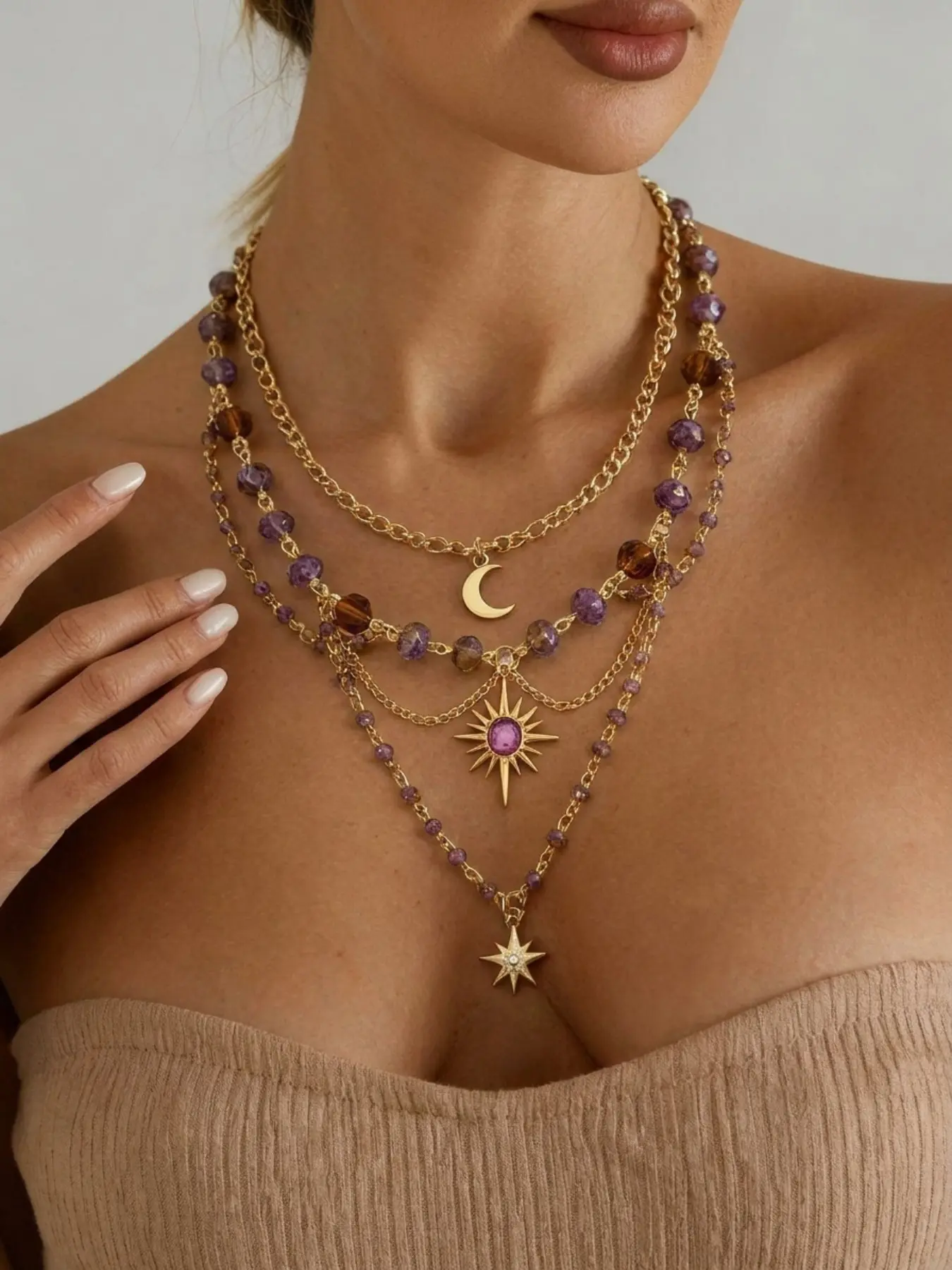 Boho Vintage Four-Layer Amethyst Star Moon Sun Elegant Necklace, Chain, Multi-Pendant Design, Women's Lockbone Jewelry for Daily Wear