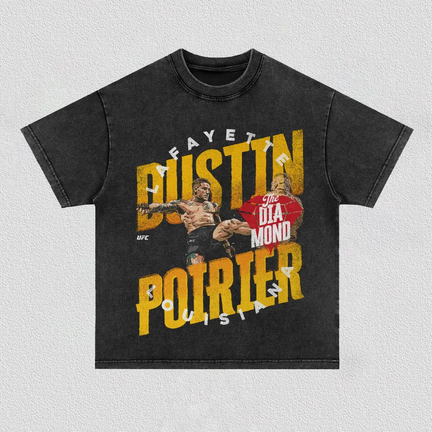 Solid Black Boxy Oversized Unisex T-Shirt |    Poirier UFC High Kick Fighting Pose Distressed Bold Yellow Font Lafayette Louisiana The Diamond Red Diamond Logo Vintage Grunge MMA Bootleg Streetwear Short Sleeve Tee
