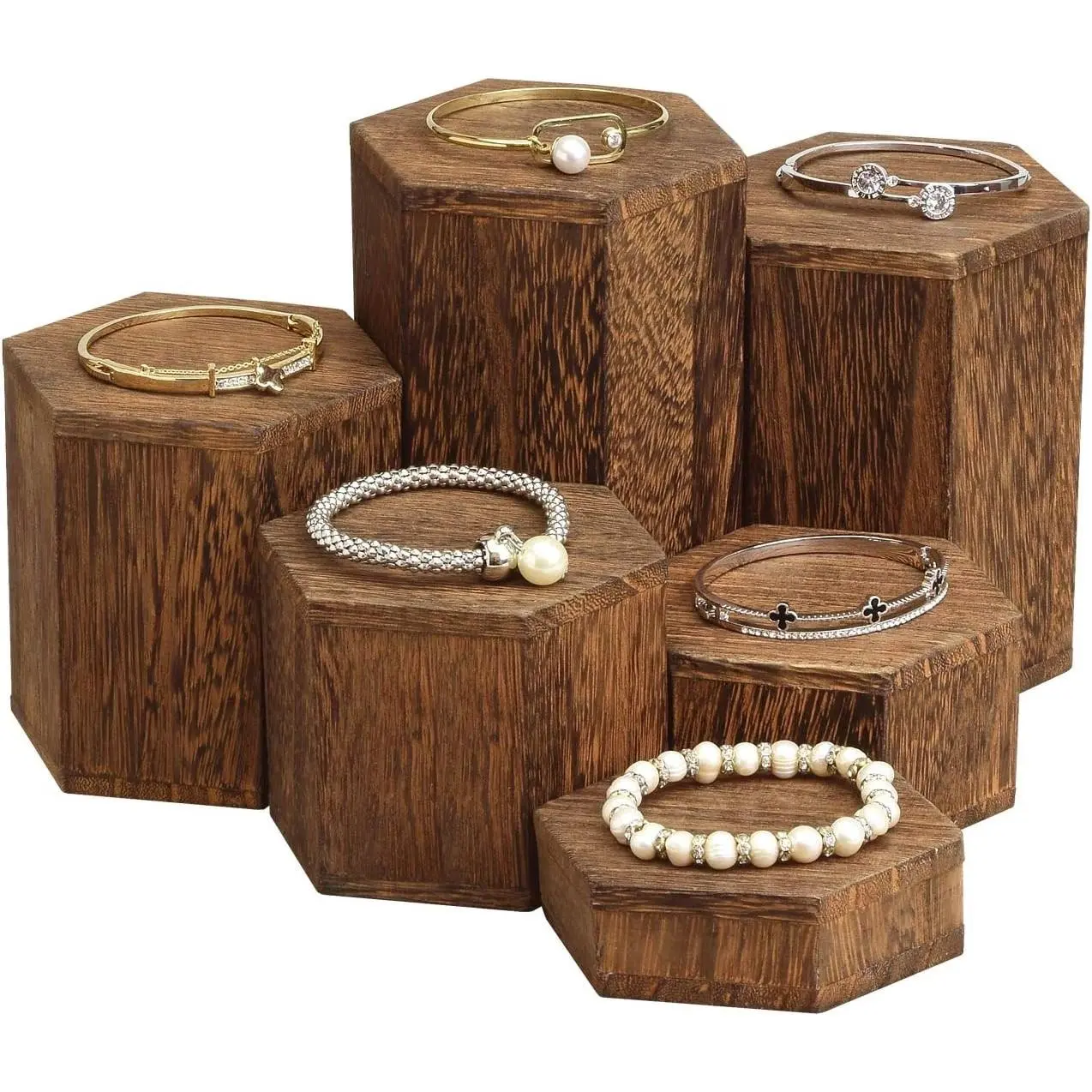 6-Piece Wood Hexagon Jewelry Display Stand Risers for Accessories | Wooden 6 Pcs Hexagon Risers for Display Jewelry and Accessories Display Stand, Brown