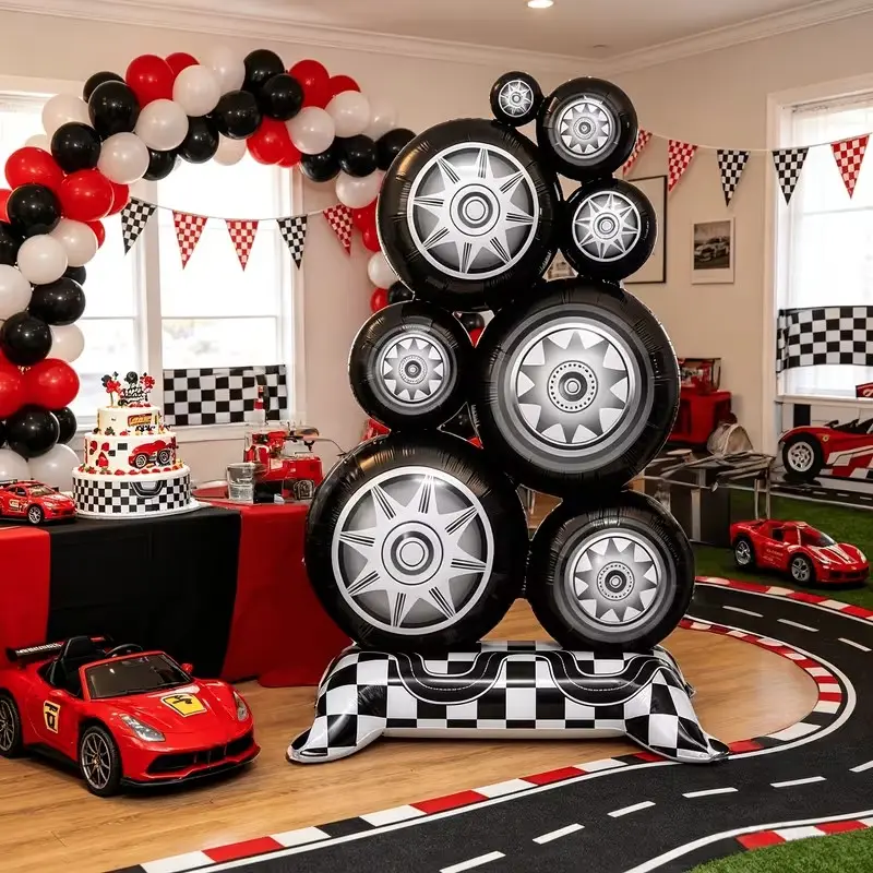 150cm Large Tire Balloon, Checkered Racing Foil Balloon, Party Decoration for Birthday, Garage Party, Racing Theme