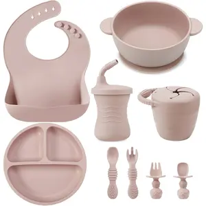 Silicone Baby Feeding Set |     9PCS Baby Led Weaning Supplies Self Feeding Utensils |     Divided Suction Plate Bowl Bibs Sippy Cup with Baby Snack Container Spoons Forks (Pink)