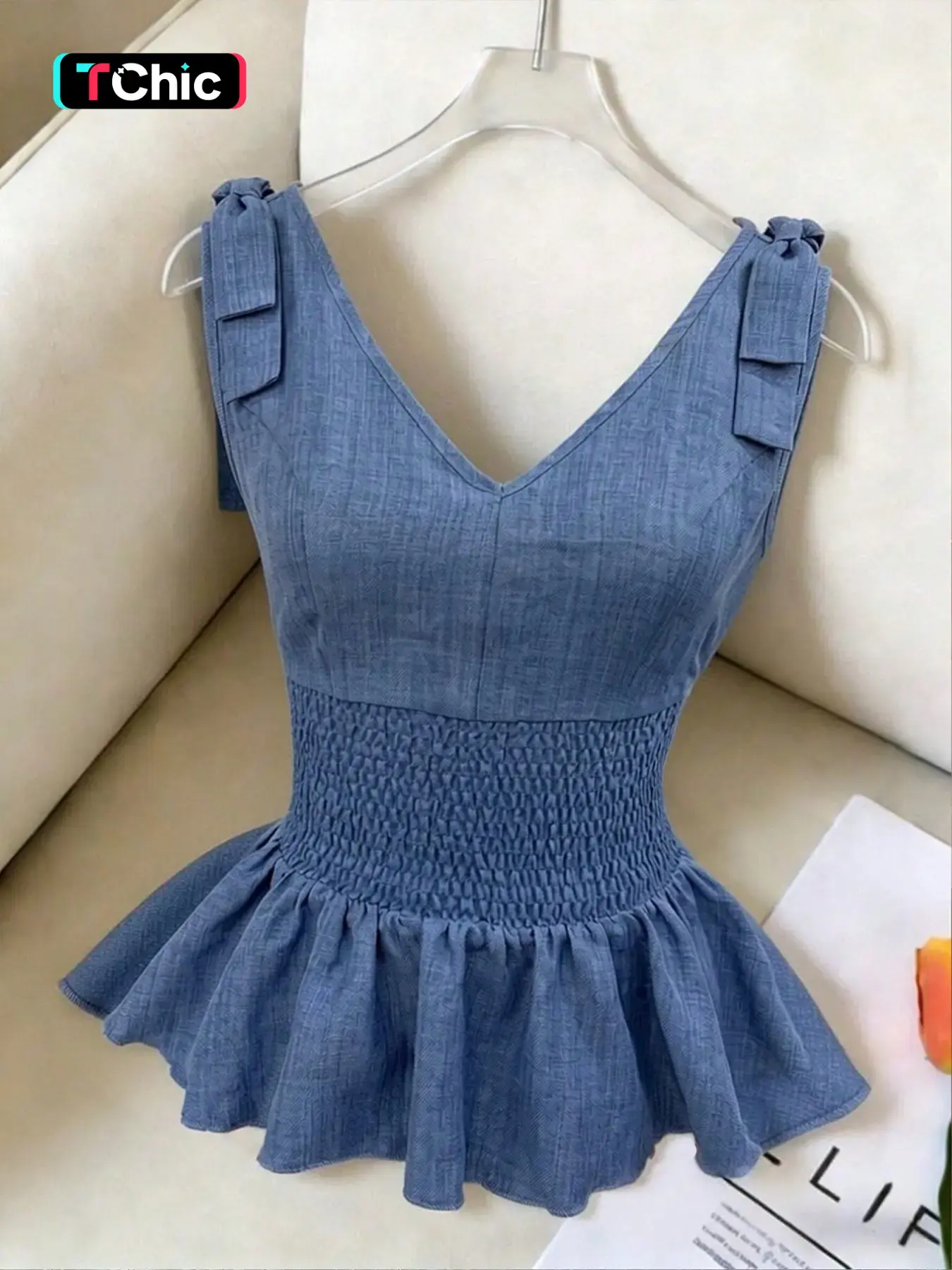 Butterfly Knot Halter Top, Korean Style Soft V-Neck Waist Cinch Ruffle Hem Short Sleeve, Women's Office Date Outing Slim Fit Sleeveless Shirt, Body Hugging Tops