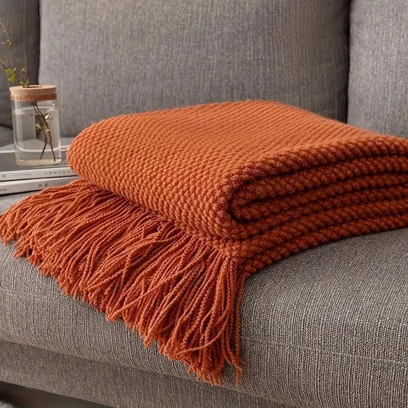 Knitted Throw Blanket with Long Fringes, Lightweight Bubble Texture Soft Blanket, Ideal for Bed, Sofa, Chair, Outdoor Picnic, All Seasons Use