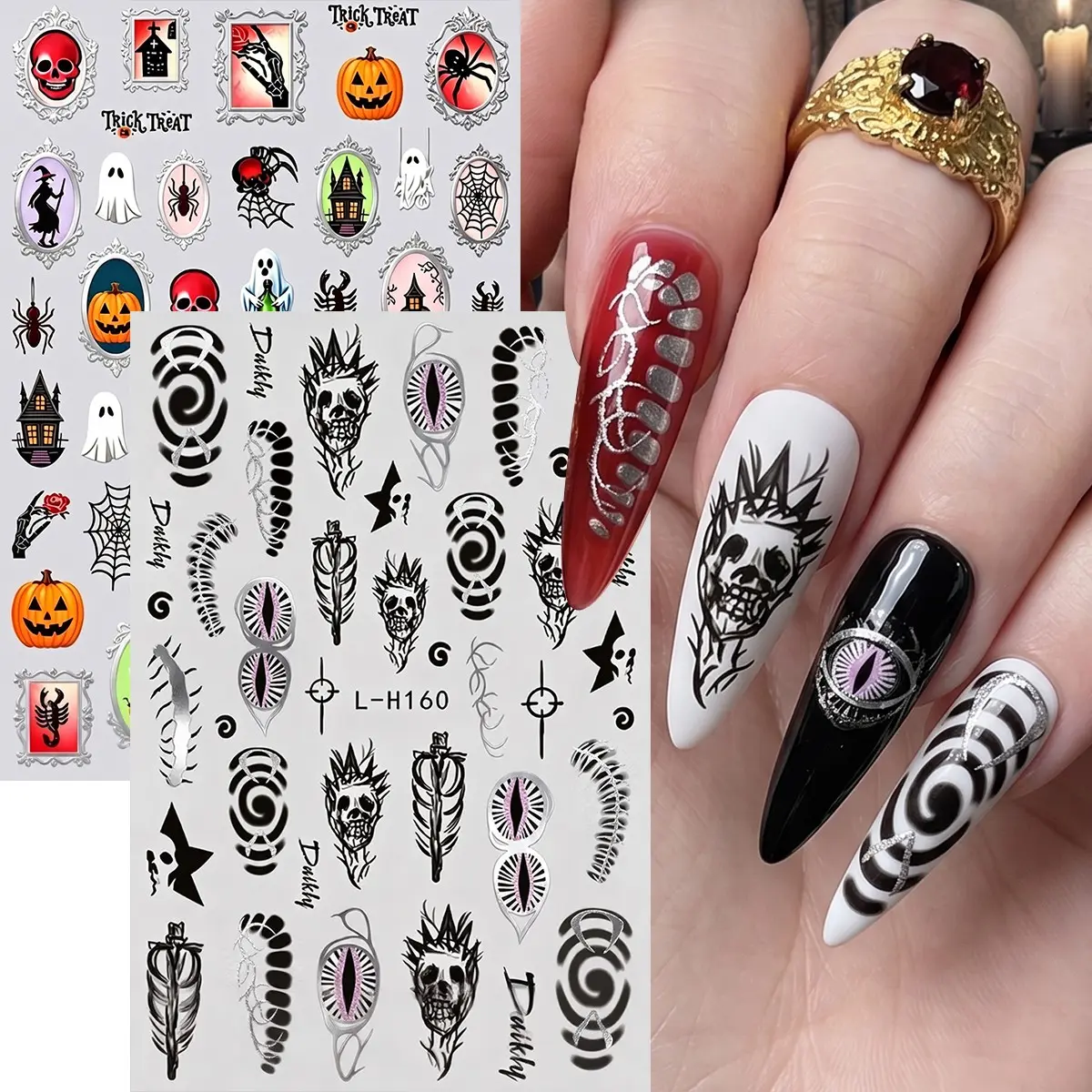2pcs Gothic Silver Halloween Nail Stickers, Skull Pumpkin Scorpion Venom Spider Web Bone Designs Nail Decals, DIY Nail Art Decorations