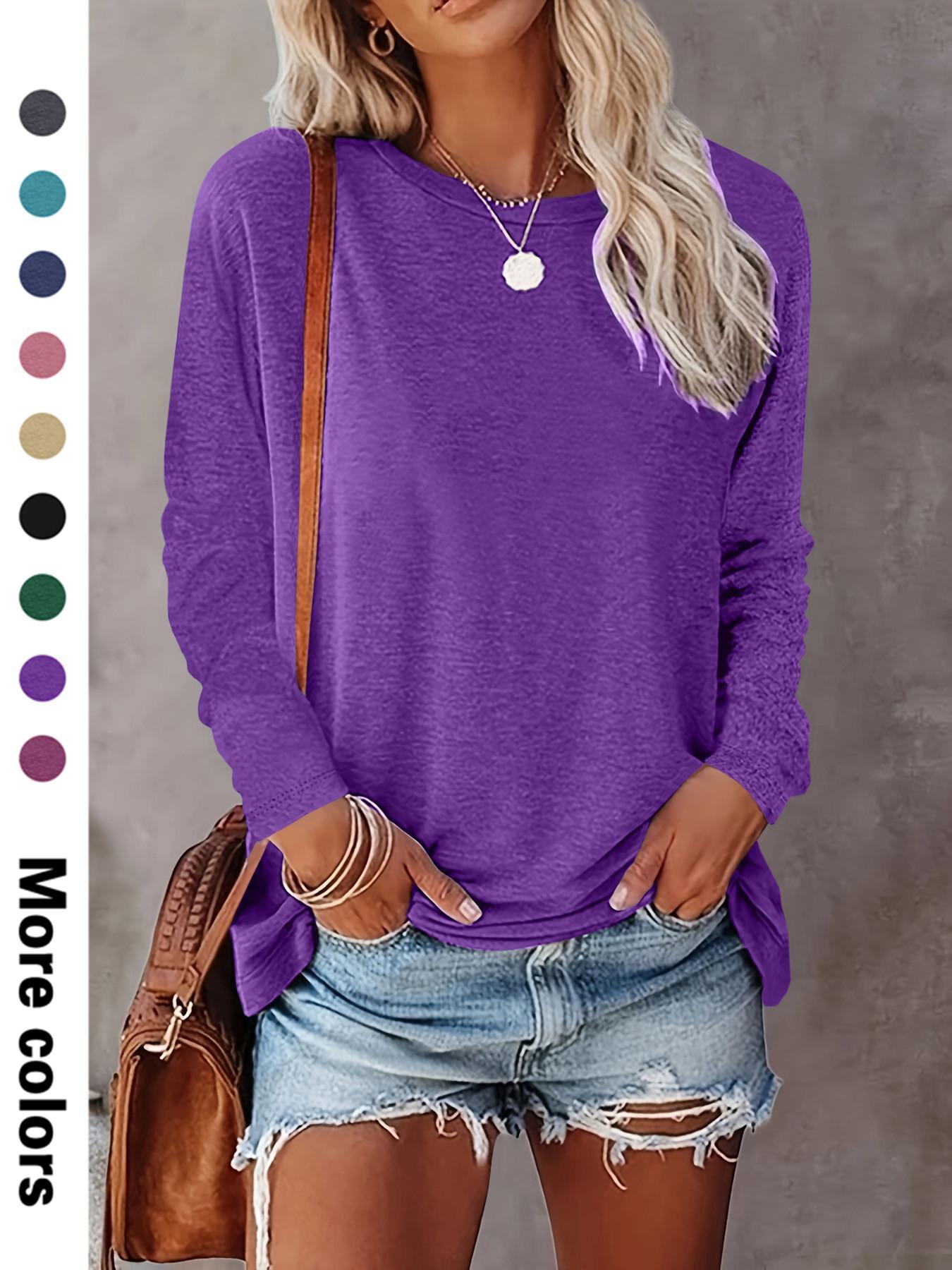 Women's Plain Round Neck Essential Breathable Fabric Tee, Casual Fitted Long Sleeve Crew Neck T-shirt for Spring & Fall, Fashion Women's Top for Daily Wear Piece