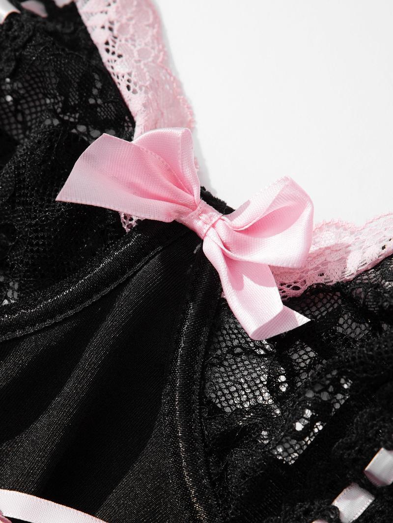 Women's Sexy Black & Pink Lace Corset Lingerie Set, Push-Up Bustier with Lace-Up Detail, Bow Accent Ruffle Hem Garter Belt Lingerie, Perfect for Valentine's Day, Date Night & Romantic Occasions, Seductive Maid Style Intimates