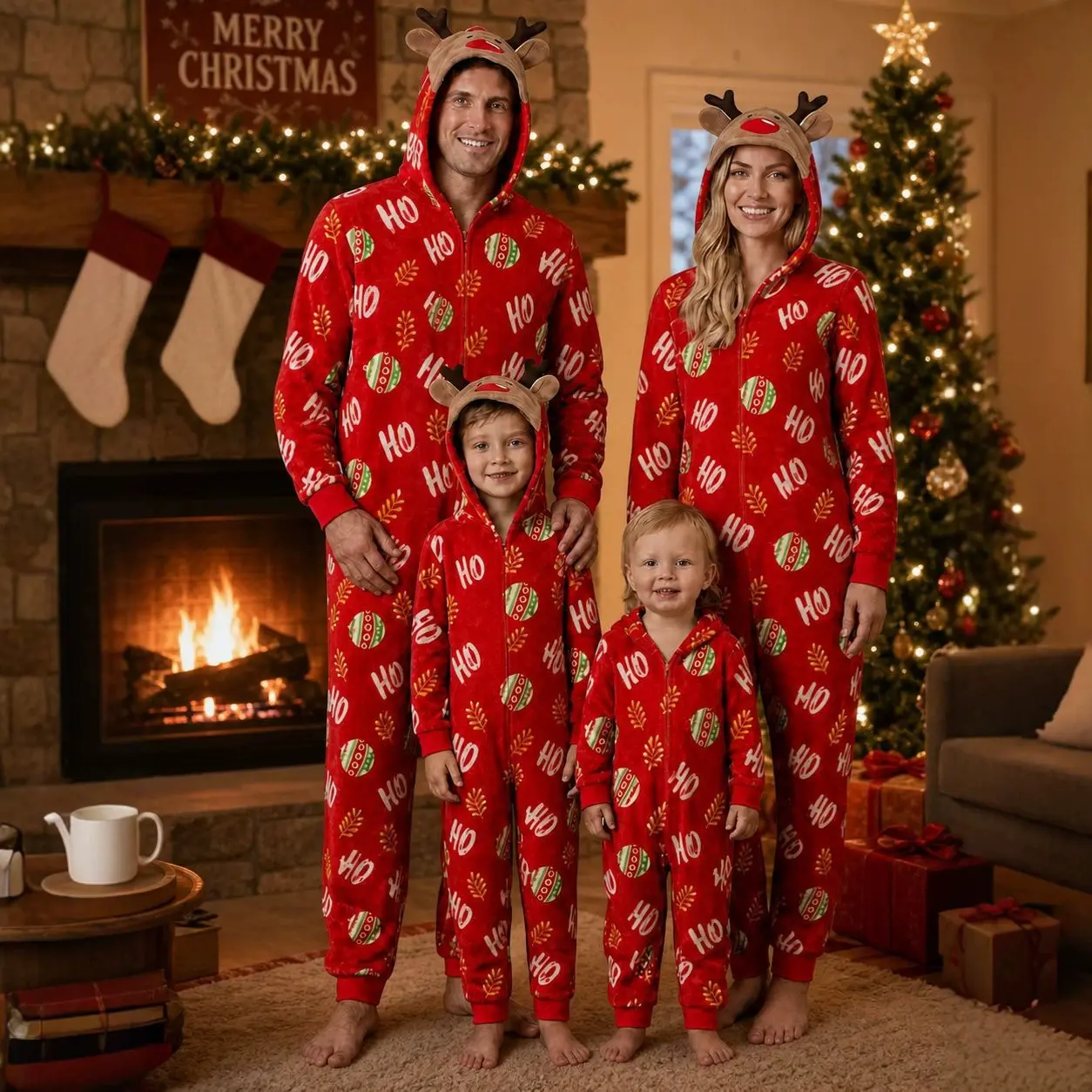 Christmas Elk Print Family Matching Onesie Pajamas, Thick Warm Flannel Loungewear, Loose Fit Parent‑Child Sleepwear for Xmas Photo