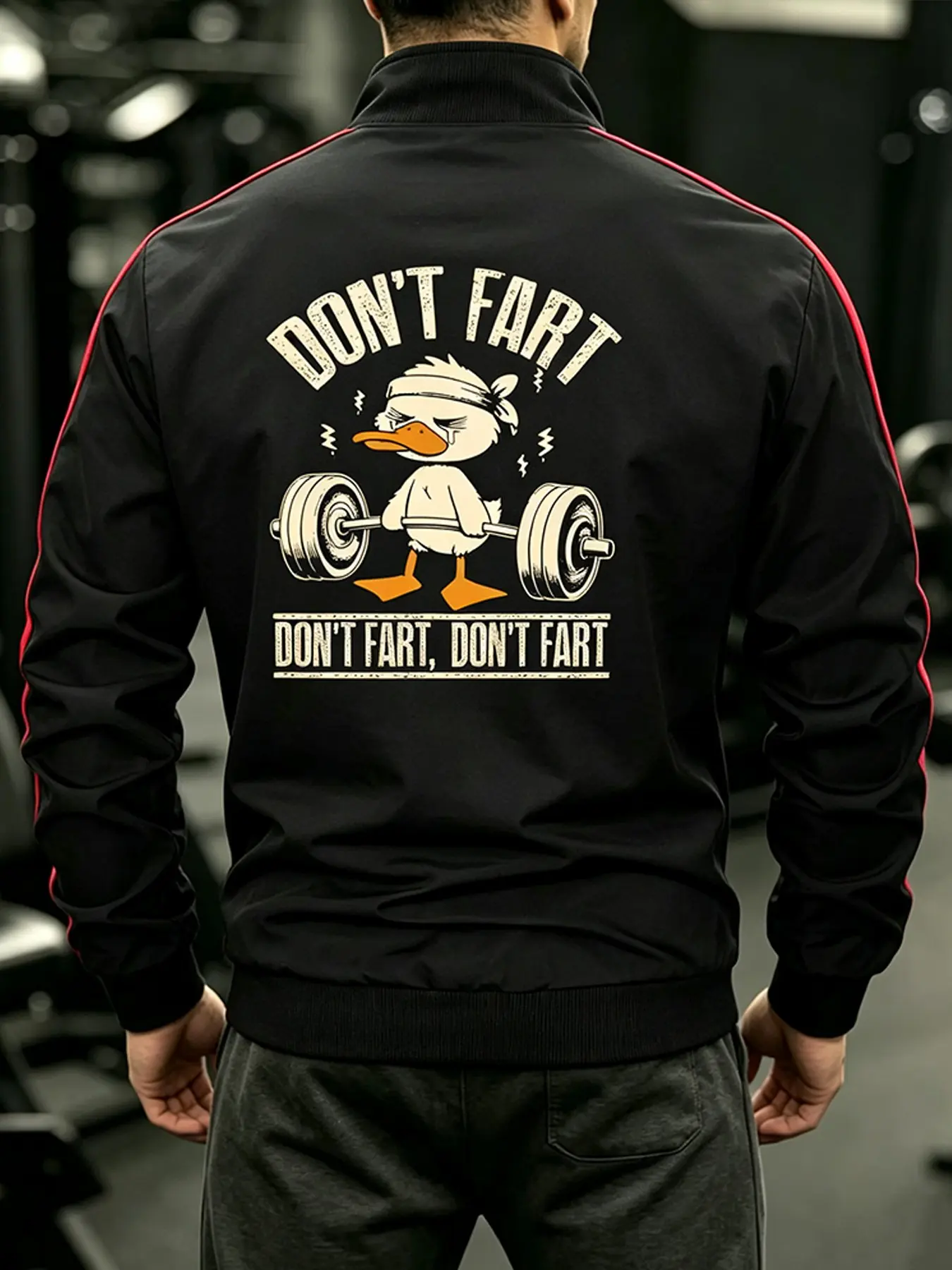 Men's Black Red Sport Stand Collar Track Jacket Red Side Striped Full Zip Up Coat Casual Workout Daily Streetwear Running Sport Outerwear Tops Cartoon Duck Lifting Barbell Print