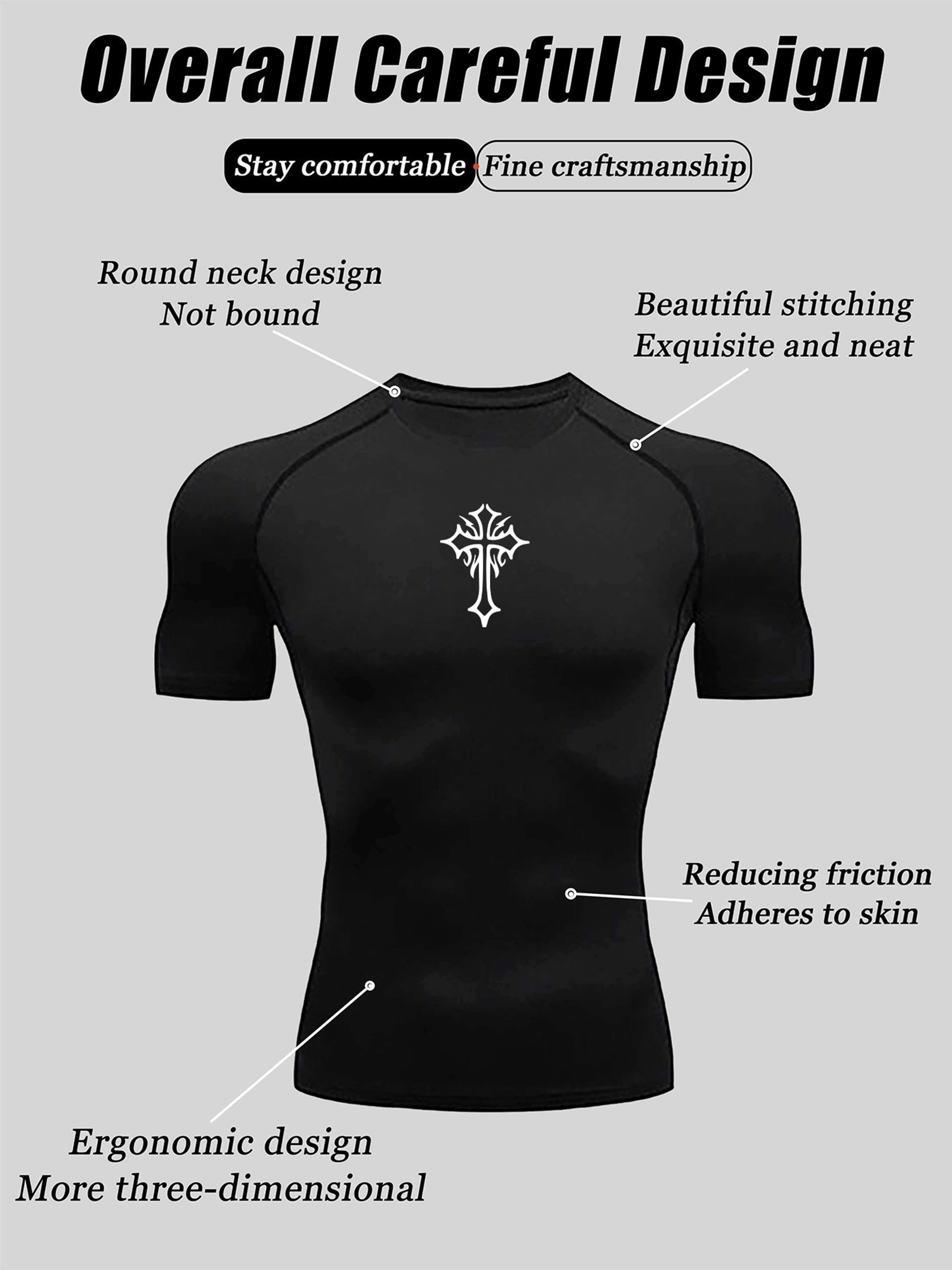 New cross-print men's compression T-shirt, men's sports tight-fitting T-shirt, men's gym running black quick-dry T-shirt for fitness and sports, breathable, high elasticity, quick-dry