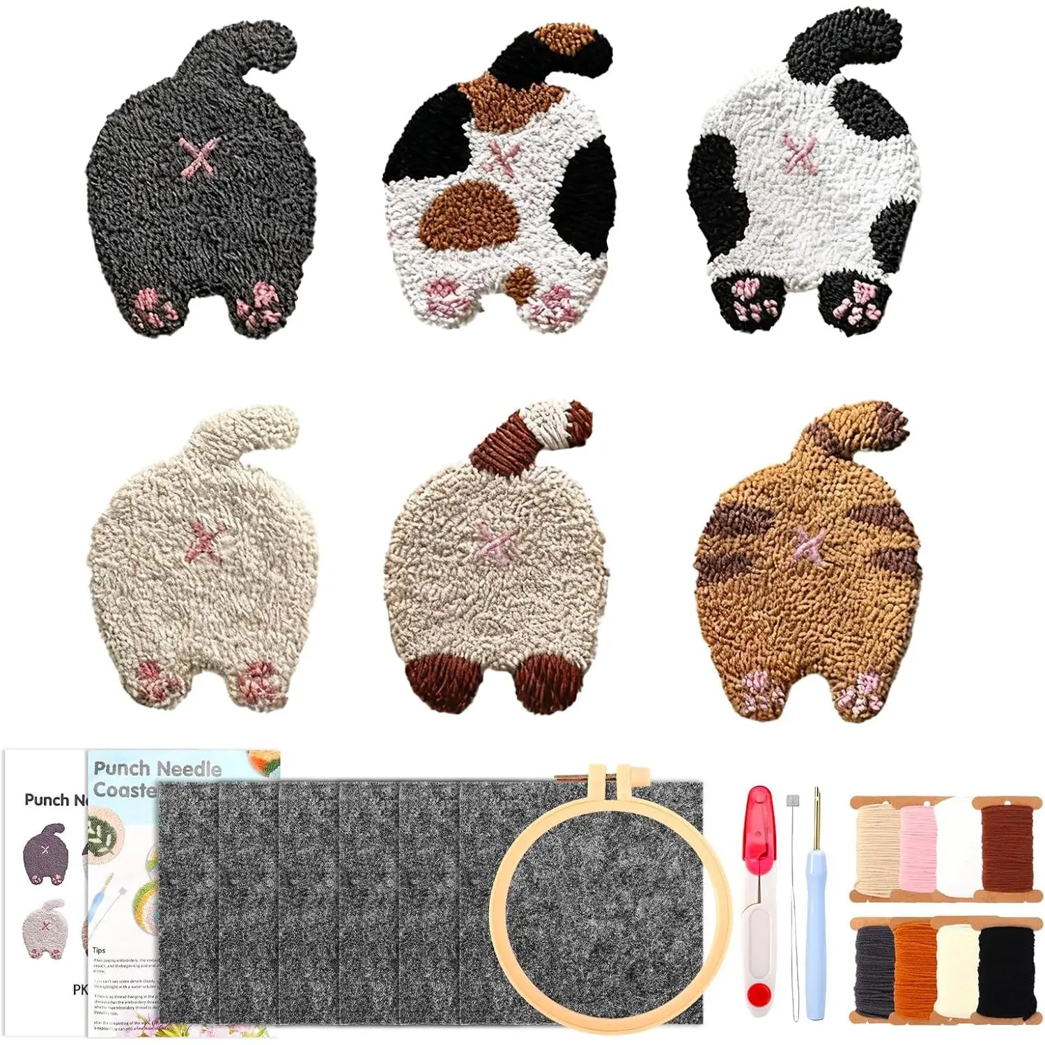26 count  Punch  Coaster Kits  Crafts Coasters Kit with Adhesive Felt Yarns Embroidery Hoop Instruction for Adults Beginners DIY Decor