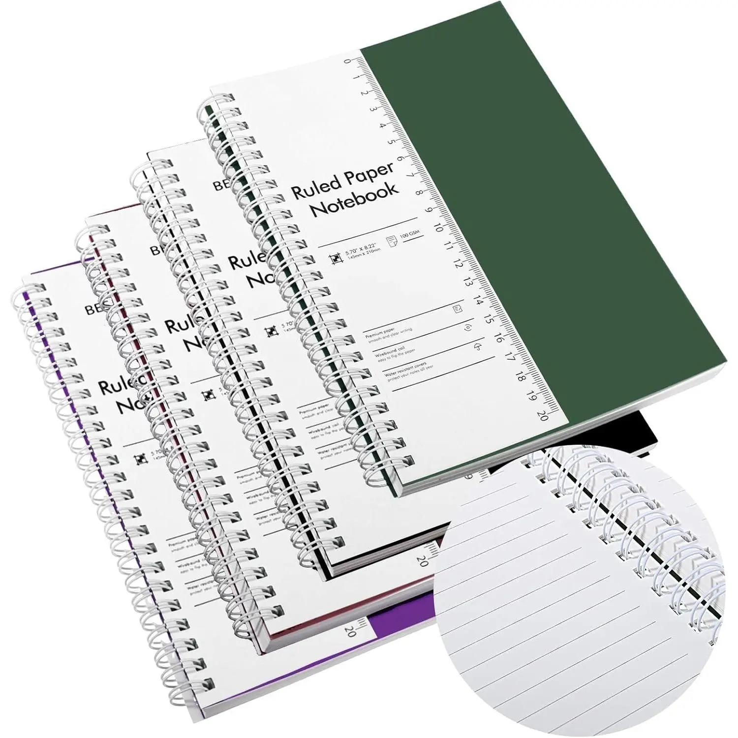 4 Pack A5 College Ruled Spiral Notebooks for School, 5.7x8.22 In, 100GSM, 160 Pages Each, Wire Binding, Ruler Insert, Office Stationery for School or Work