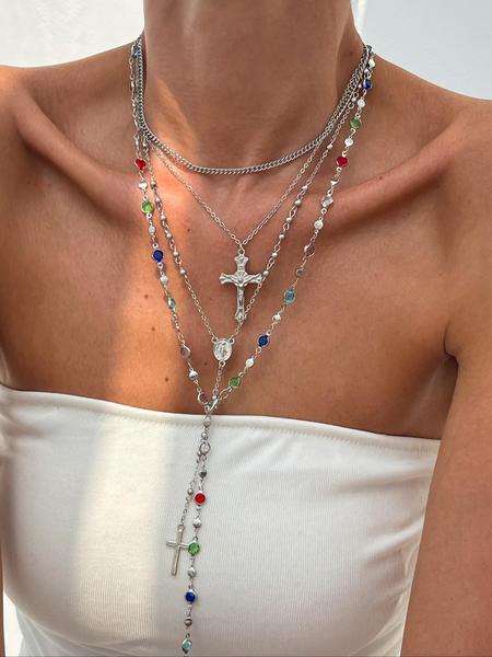 4 Piece Set Vintage Metal Jesus Cross Religious Pendant Y-Style Long, Bohemian Style Boho Chic Colorful Crystal Jewelry, Perfect Fashion Gift for Women