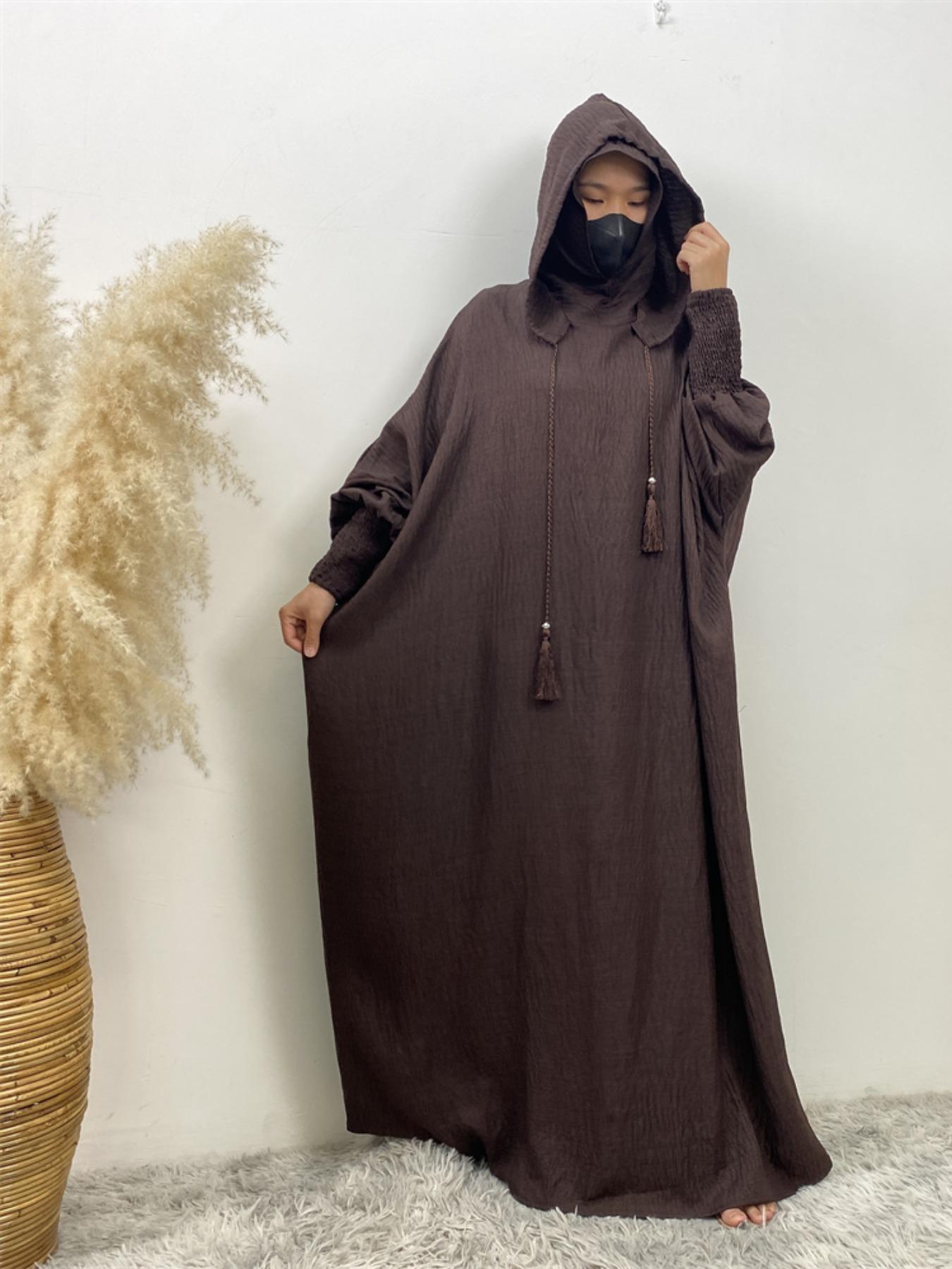 Women's Solid Color Batwing Sleeve Drawstring Hooded Dress, Casual Long Sleeve Shirred Cuff Long Dress for Spring & Fall, Women's Islamic Clothing for Daily Wear, Hooded Arabian Dress