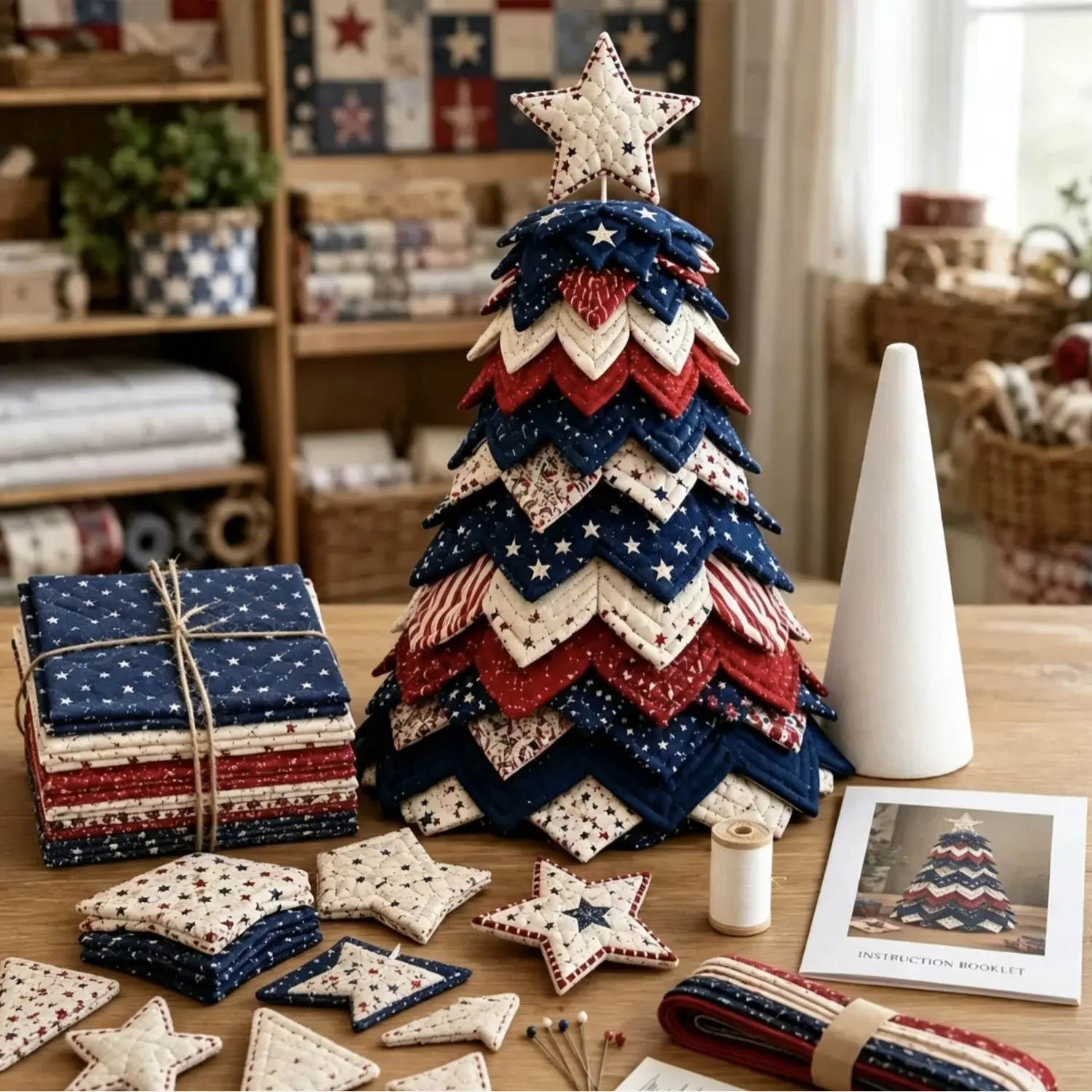 Americana Christmas Tree Quilt Kit, DIY Patchwork Set, Festive Holiday Craft Supplies, Perfect for Seasonal Decorations