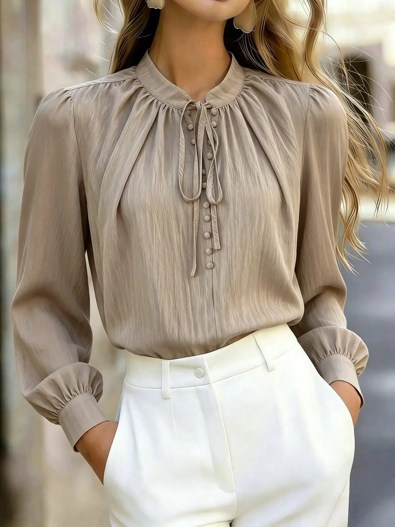 Elegant Stand Collar Tie Front Women's Shirt Blouses, Lantern Sleeve Chiffon Long Sleeve Solid Top, Perfect for Work, Daily Wear, Dinner Parties