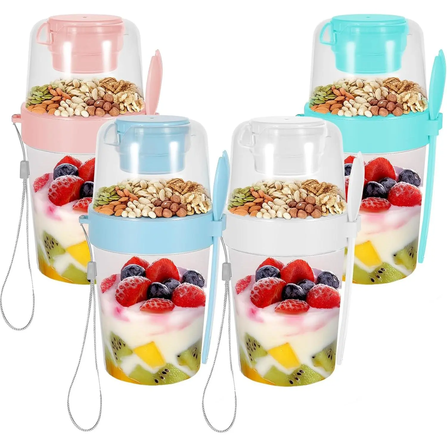 4 Pack Portable Breakfast Cups with  and Spoon, 27 oz  Cereal Yogurt Parfait Cup with Topping Plastic Oats Container Storage for Yogurt, Cereal or Oatmeal