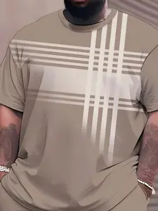 Men's Plus Size Casual Sport T-Shirt, Fashion Striped Style, Round Neck, Knitted Fabric, Slight Stretch