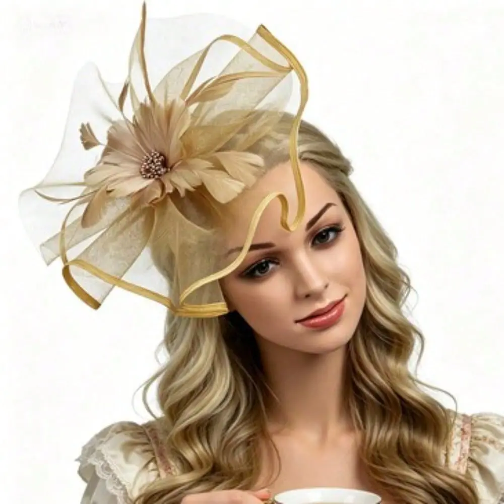 Elegant Gold Fascinator Hat with Feather Flower and Mesh Netting, Tea Party Headpiece Women, Kentucky Derby, Wedding, Bridal Shower, Church, Cocktail