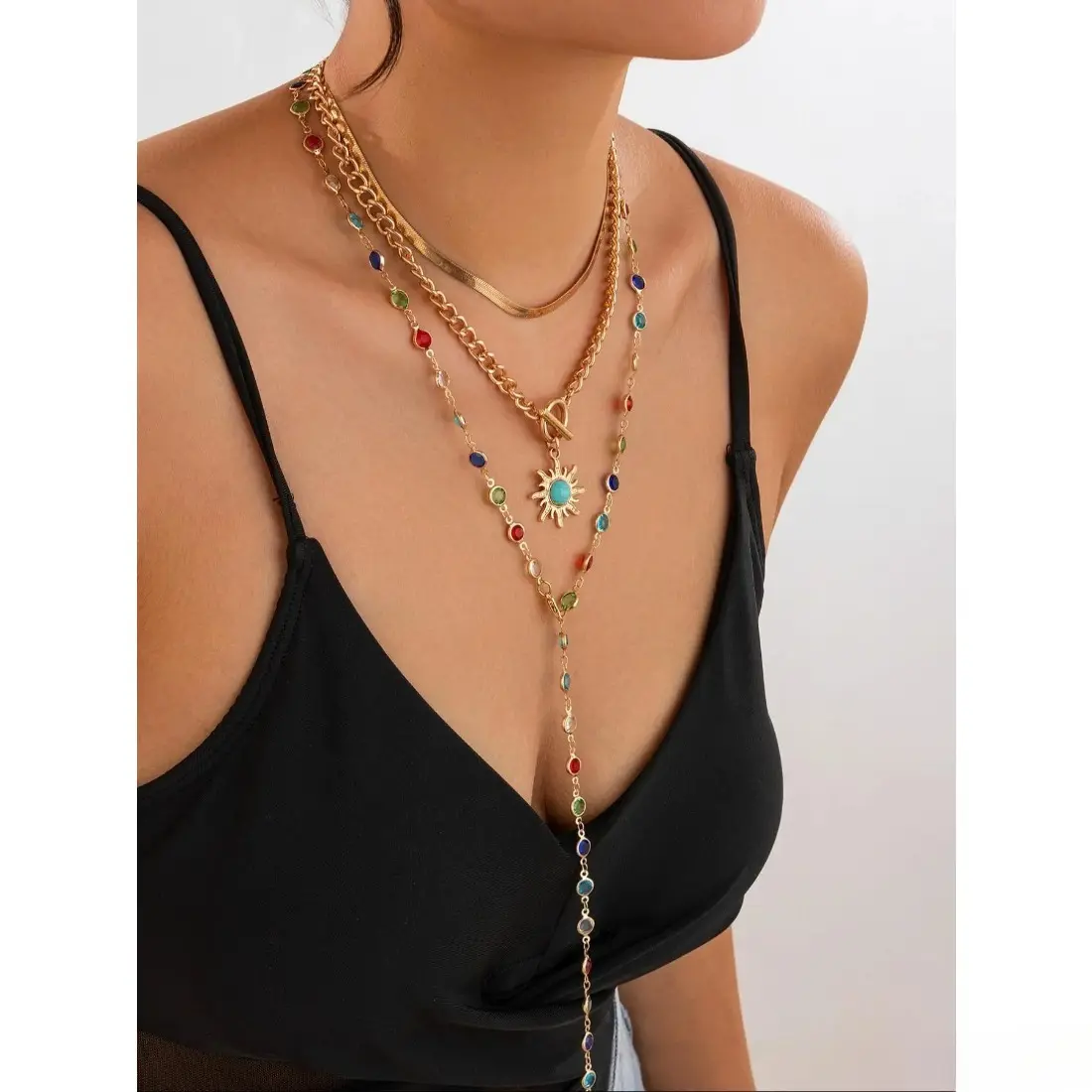 Women's Boho Sunflower Layered Pendant Necklace, Artificial Crystal-Accented Allmatch Styling Accessory, Color-Fade Resistant Oxford Cloth & Polyester Piece for Party & Daily Wear