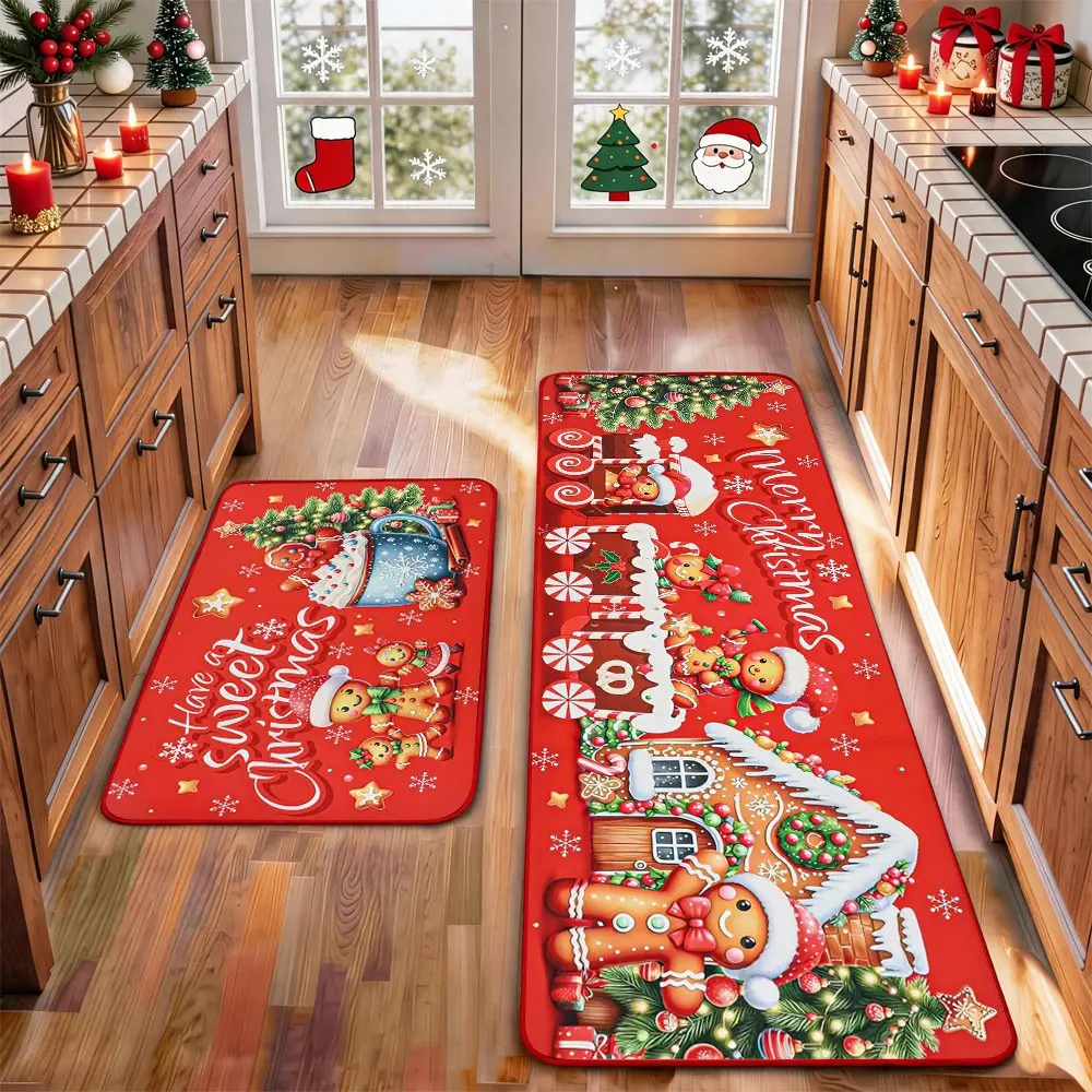 2 Pcs Christmas Kitchen Rug Mat Gnomes Gingerbread Tree Santa Clause Snowflake Red Black Floor Mat Set Farmhouse Kitchen Rug Non Slip Restaurant Floor Dining Room Laundry Room Decor Carpet Mat Decorative Rug Winter Decor Home Decor Rug