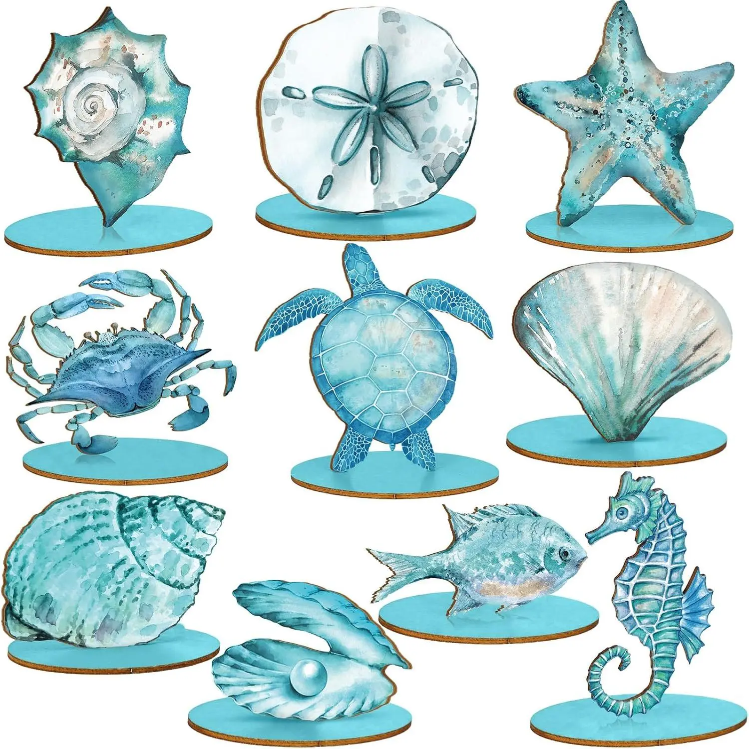 10 Pcs Ocean Wood Table Sign Under The Sea Wooden Beach Table Decor Sea Animal Coastal Beach Centerpiece Nautical Block Summer Decoration for Home Party Supplies(Classic Style)