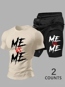Men's Self-Defense Calligraphy Print Round Neck Short Sleeve T-Shirt + Drawstring Two-Piece Shorts Set, Slim Fit Motivational Sports Leisure#2PieceMensSet #MotivationalWorkoutSet #SloganPrintOutfit #DoubleLayerShorts #TikTokFashion #TrendingMens
