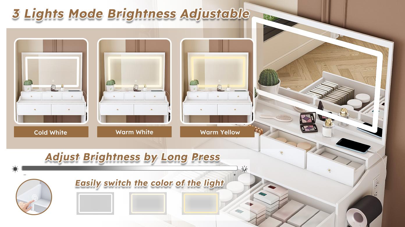 [Bellemave]New Large Mirror Vanity Desk for Bed room  , Modern Makeup Vanity Set with Power Outlet and Hair dryer holder, 5 Drawers , 3 Lighting Color Adjustable Dressing Table for Bedroom, White Color