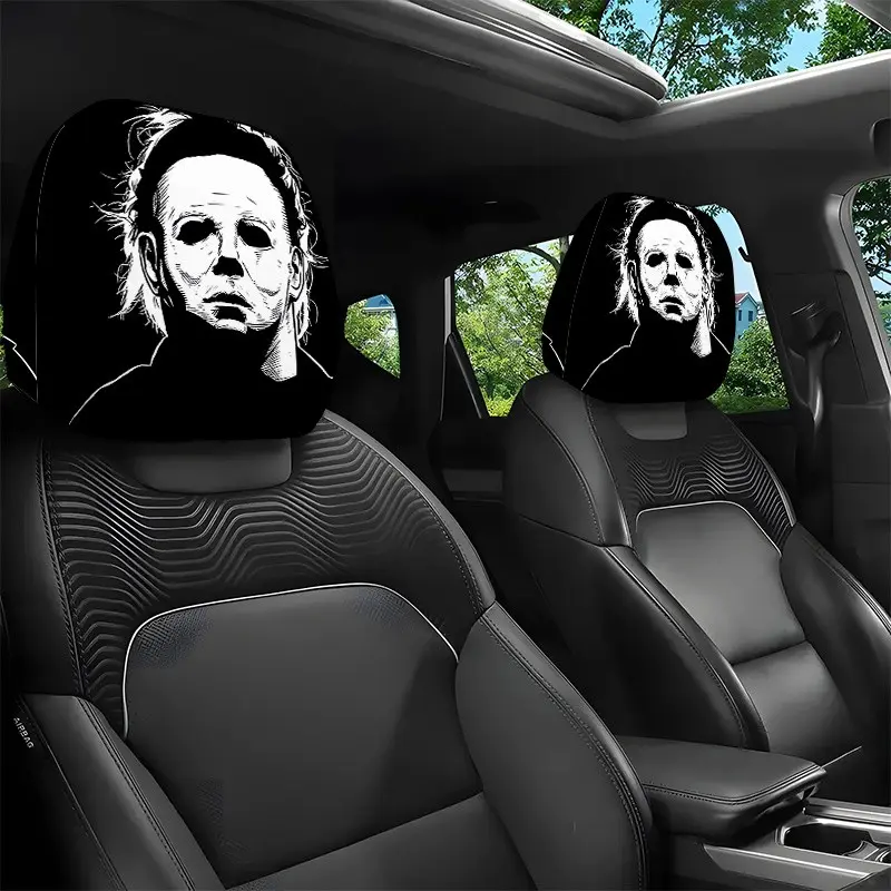 2 Horror Mask Car Headrest Covers, Dark Style, Elastic Fit, Durable Seat Protector, Car Seat Protectors for Cars, Trucks, Suvs, Vehicle Interior Decor, Auto Seat Protectors, Car Accessories