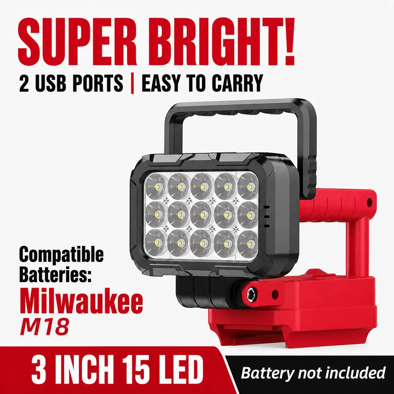Wireless LED Work Light for Milwaukee 18v Battery, 12w Wide Beam Flood Light, Dual USB Charging Ports, Ideal for Emergency, Workshop, Garage