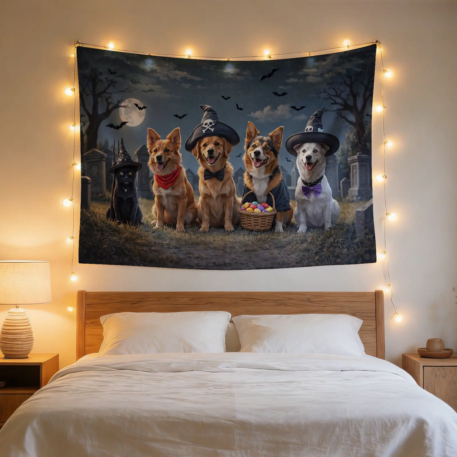 1 Oversized Halloween-Themed Dog & Costume Cemetery Printed Polyester Tapestry - Home Wall Decor, Photography Backdrop Prop, Party Banner Gift