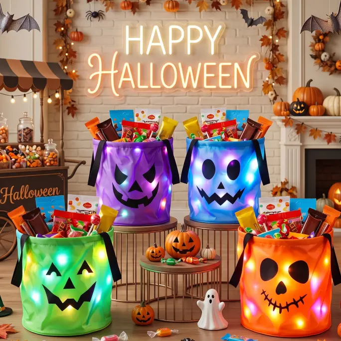 LED Pumpkin Candy Bucket, Glowing Halloween Candy Bucket with Handle, Cute Holiday Gift for Kids, Festive Party Decor
