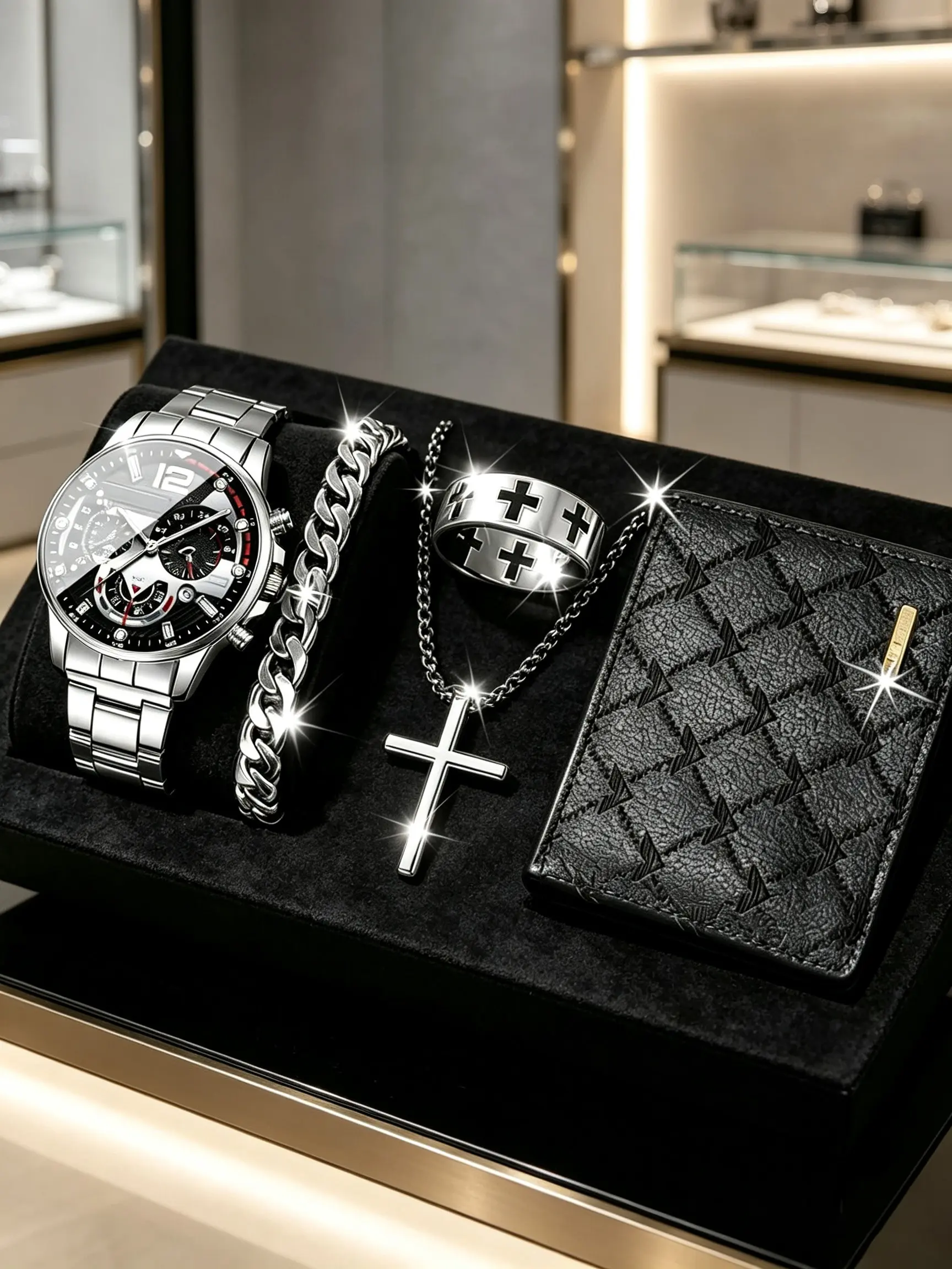 5pcs Men's Gift Set, Accessories Set, Analog Quartz Watch, Alloy Case, Cuban Bracelet, Cross Necklace, Ring, Wallet, Perfect for All Occasions