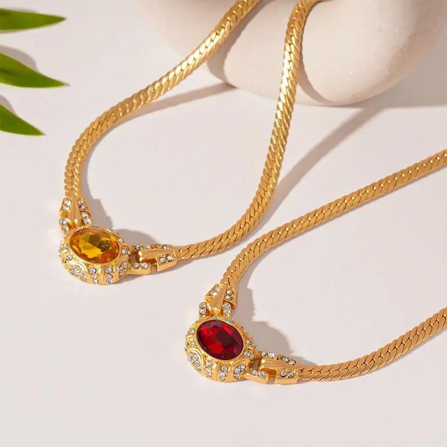 Vintage Ruby Gemstone Necklace, Gold Plated Palace Style Snake Chain for Women, Charming Jewelry for Birthday or Anniversary Gift, Engagement, Female, 1 Piece