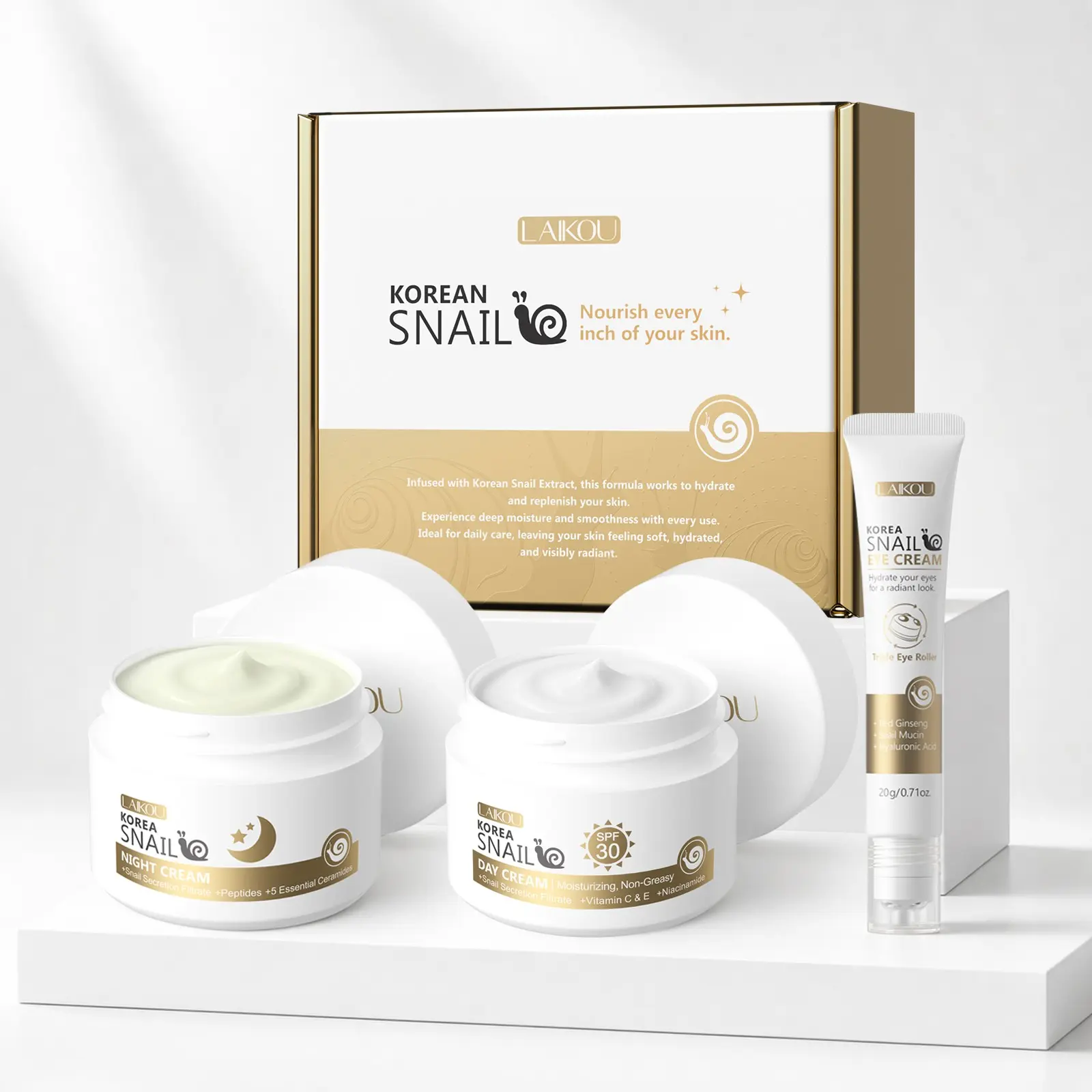 LAIKOU Korea Snail Mucin Skincare Set, Moisturizing Set, Face Care Kit with Hyaluronic Acid, Niacinamide & Red Ginseng, Eye Cream, Moisturiser, Gift Set for Teenage Girls Women, Hydrating Travel-Friendly Daily Facial Skincare Routine, 3pcs