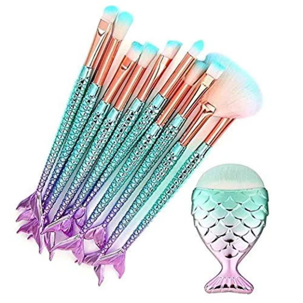 full colorful gradient mermaid makeup brush set, complete foundation, concealer, eyebrow, liner and blush brushes. Dreamy fishtail handles with soft evenly picking bristles, perfect daily makeup kit & cute gift for student beginners and girls.