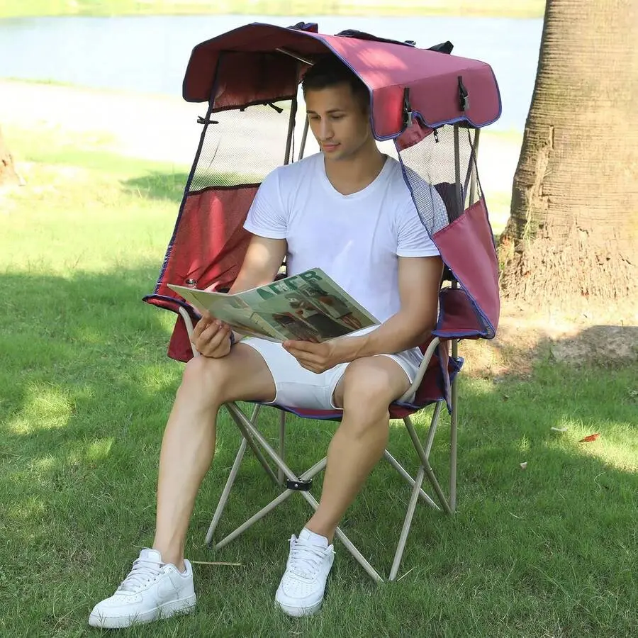 Outdoor Folding Chair With Full Sun Protection Canopy, Portable Lightweight Camping Lawn Recliner, Comfortable Ergonomic Sports Lounge Seat For Picnic Beach, Maroon