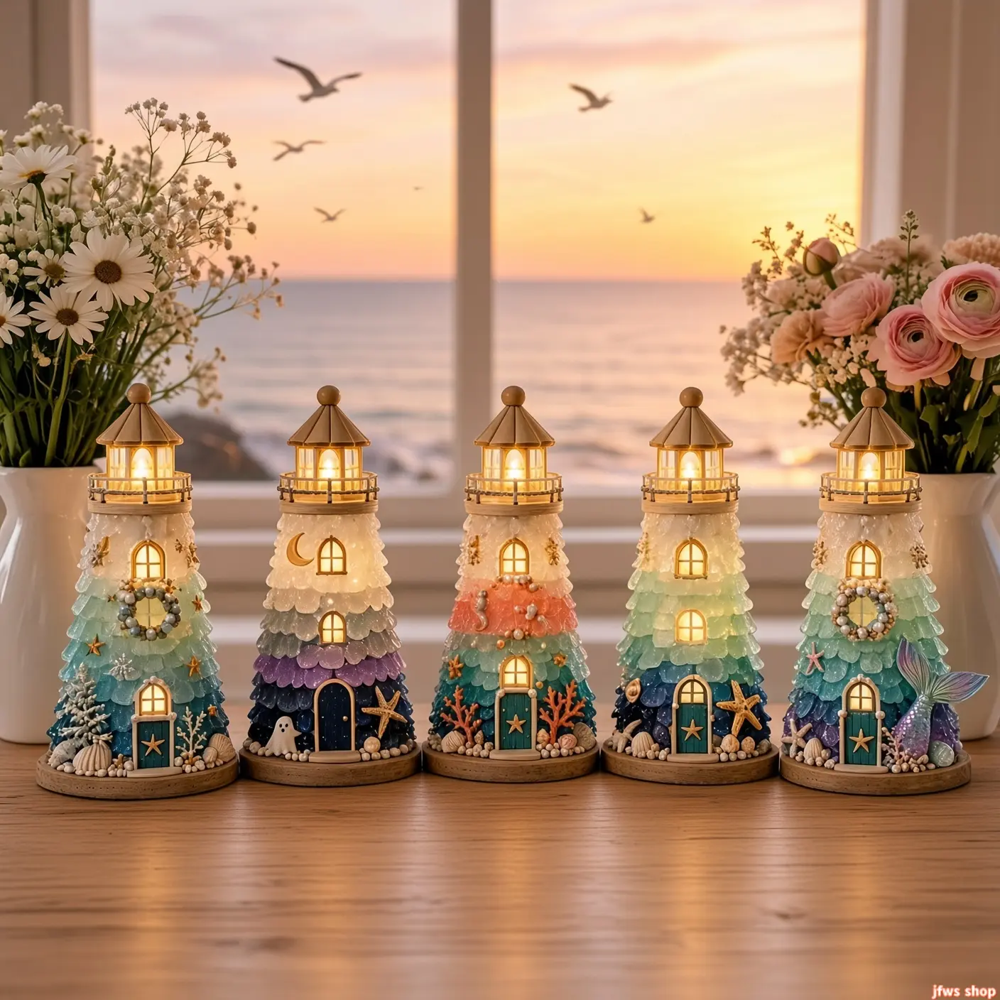 LED Light Up Sea Glass Style Lighthouse DIY Kit, Coastal Beach House Resin Craft Project – Aesthetic Nautical Room Decor, Unique DIY Gift for Her & Beach Lovers