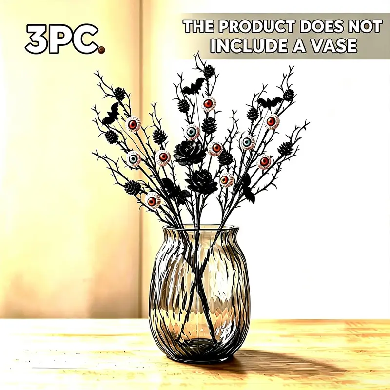 3pcs Halloween Bat Eye Ball Insert Flower Bouquet, Halloween Decoration, Artificial Flower Bouquet, Decorative Bouquets, Perfect for Festive Decorations, Fake Flower Bouquet